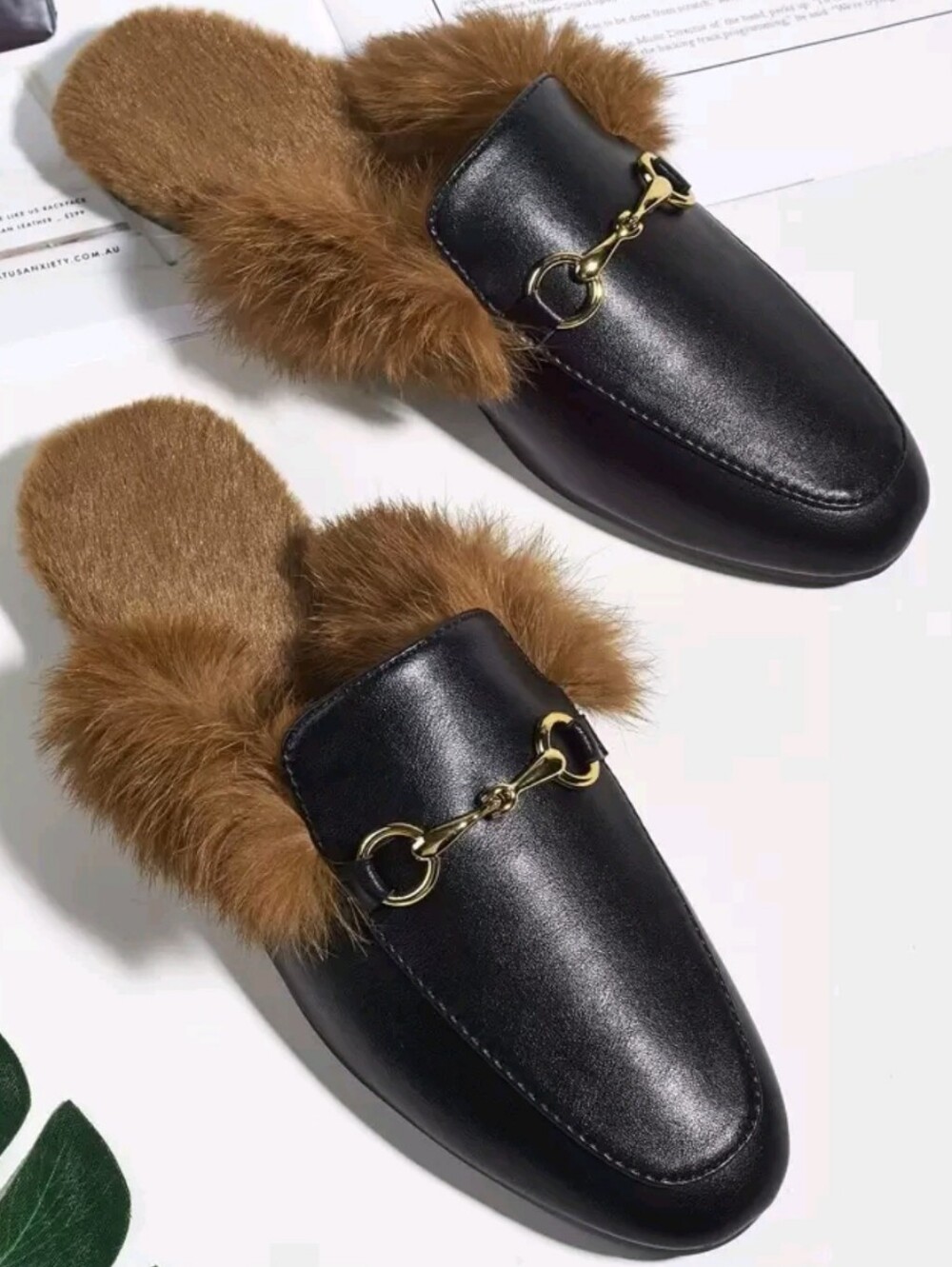 Black Horsebit Detailed Faux-Leather Fur-Trim Mule Loafers